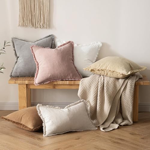 MIULEE Boho Linen Fringe Decorative Euro Throw Pillow Covers White 24x24