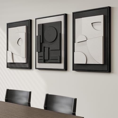 3D Textured Framed Black and White Abstract Wall Art Set of 3, 16x24 In