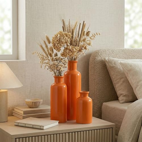 Ceramic Vase Set - 3 Orange Small Vases, Farmhouse Country Flower Vase Home Decor, Living Room Decoration, Table