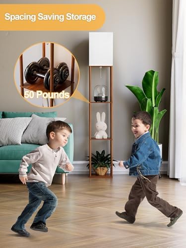 Floor Lamp with Shelves for Living Room Walnut Brown, Shelf Floor Lamp with 3 CCT LED Bulb, Corner Display Standing