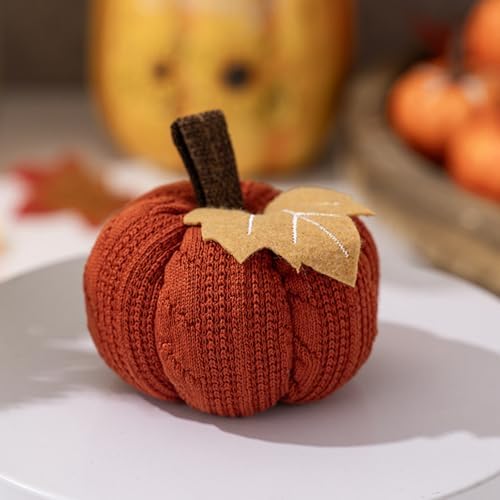 Kuriozud Faux Fall Harvest Crochet Pumpkins - Small Knit Rustic Farmhouse Foam Decor for Thanksgiving Halloween Autumn Mantel Table (Orange, 9cmx9cmx6cm)