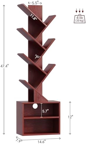 SUNMORY 6 Tier Tree Bookshelf, Tall Small Bookcase with Storage Cabinet