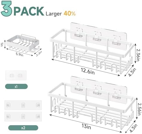 Veken Shower Caddy 3-Pack, Advanced Rustproof Design, No Drilling Adhesive Shelves, Rack with Soap Holder, Large