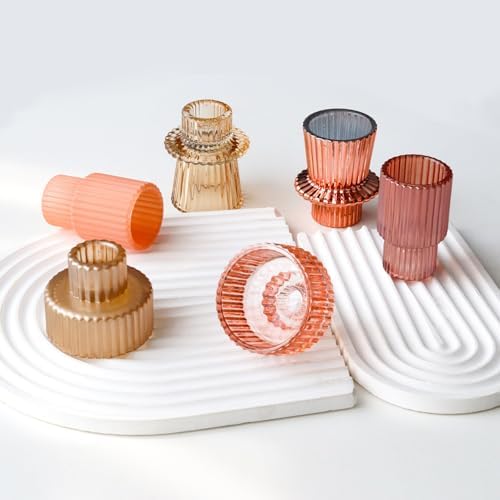Pink Candlestick Holders 6PCS for Tealight Candle Stick Candles, Ribbed Glass Taper Candle Holders Set, Table Centerpieces for Weddings Christmas Home Decor Indoor and Outdoor