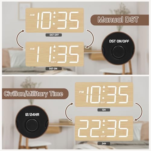 DreamSky Wooden Digital Alarm Clock for Bedroom with Large Numbers