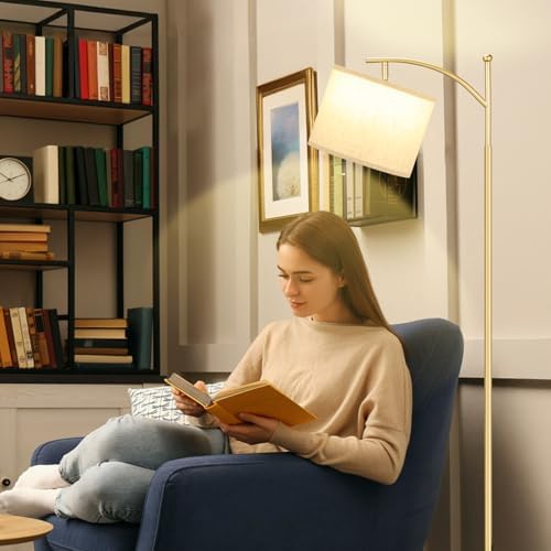 Ambimall 60" Floor Lamp for Living Room with 3 Color Temperatures, Gold Standing Lamp with White Marble Base, Modern
