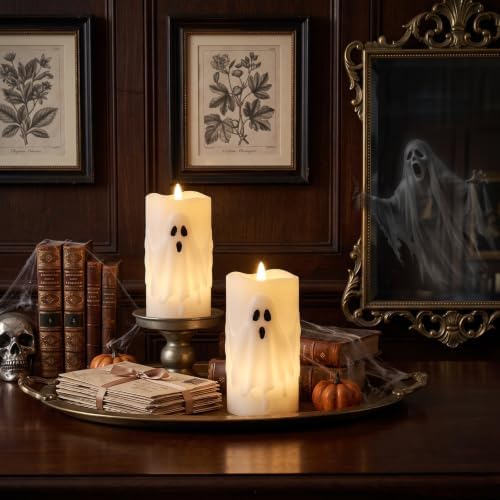 Halloween Ghost Flameless Pillar Candles with Remote Timer, 2PCS