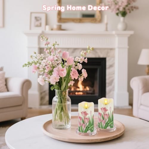 Tulip Flameless Candles Set of 2, 6"x3" Spring Candles with Remote & Timer
