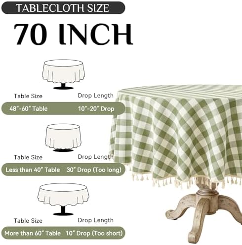 Softalker Gingham Round Tablecloth with Tassel, Sage Green, 70" x 70"