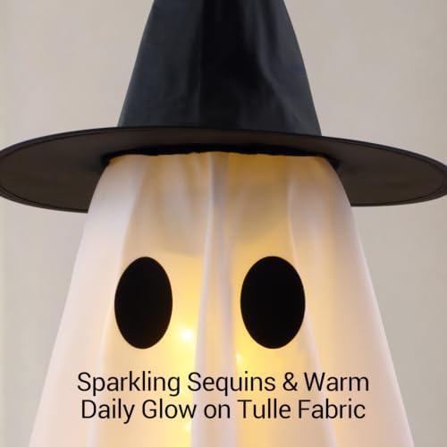 Halloween Decorations Indoor,Set of 2 Light-Up Ghosts Decor with Witch Hats