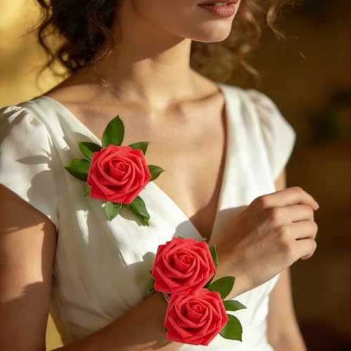16 Pcs Artificial Flowers, Red Fake Roses with Stems