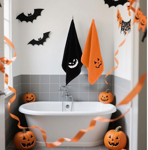 Whaline 4Pcs Halloween Hand Towels Spooky Pumpkin Face Monster Embroidered Cotton Bathroom Towel Absorbent Bath Towel for Hand Drying Cleaning Cooking, 29.5 x 13.7 Inch