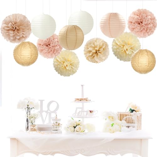 Champagne-Gold White Party-Decorations Paper-Flowers Lanterns - 15PCS Boho Fall Rustic Tissue Pom Poms Streamers,Wedding Baby Bridal Shower Neutral Autumn Birthday Hanging Supplies Decor Hugfond