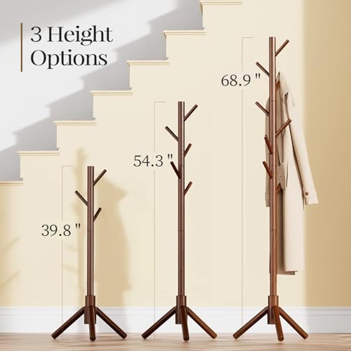 Pipishell Solid Wooden Coat Rack Freestanding with 8 Hooks, Brown