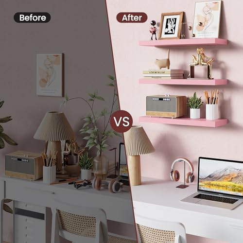 BAYKA Pink Floating Shelves 15.7in, Set of 3, Wall Mounted for Wall Decor