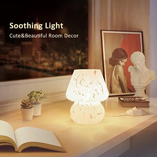 ONEWISH Mushroom Lamp Small Bedside Table Lamp-Nightstand Nightlight Dimmable Stepless, Translucent Glass White Desk