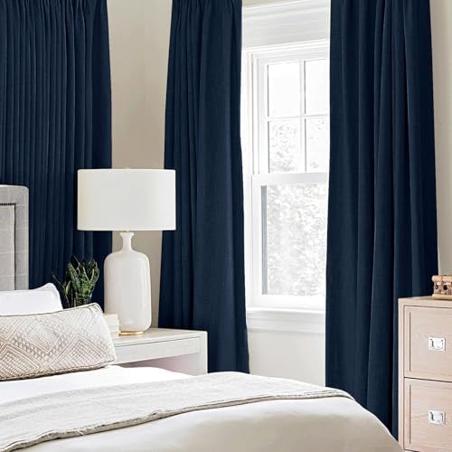 MIULEE 100% Blackout Linen Curtains for Bedroom 52x90 Inches Midnight Blue