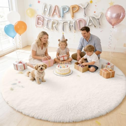 OLANLY Ivory Round Rugs for Bedroom - Machine Washable, 9 ft Circle Area Rugs for Living Room, Soft and Fluffy Shaggy