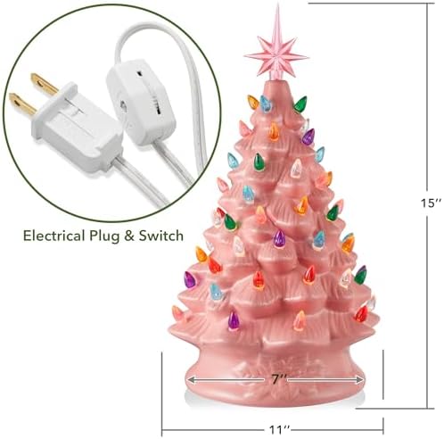 Casafield Hand Painted Ceramic Christmas Tree, Pink 15-Inch Pre-Lit Tree with 128 Multi Color Lights and 2 Star Toppers