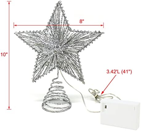 CVHOMEDECO. Silver Glittered 3D Tree Top Star with Warm White LED Lights and Timer for Christmas Tree Decoration and Holiday Seasonal Décor, 8 x 10 Inch