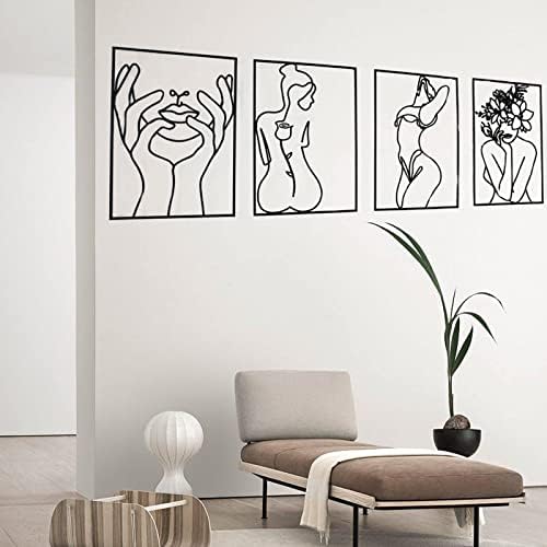 Glamativity 4 Pack Black Wall Art Décor, Minimalist Décor Single Line Art Wall Décor, Real Metal Wall Art, Woman's Body