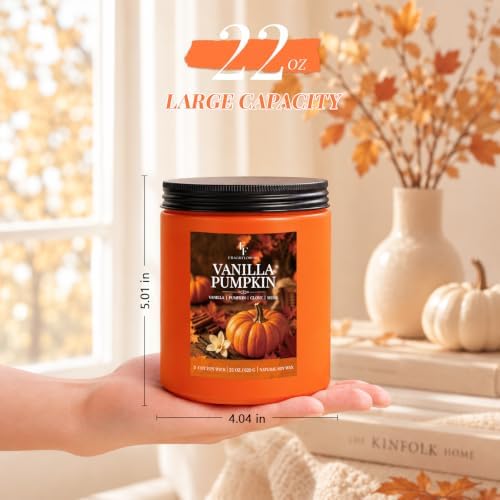 Large Fall Candle Vanilla Pumpkin Scented, 3-Wick 22oz Long Lasting