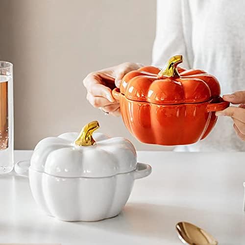 Pumpkin Bowl Set with Lid and Handle, Set of 2 Ceramic Ramekins for Baking, Casserole Dish Individual Severing Pot, Stoneware, Oven Safe, 14 Oz (White)
