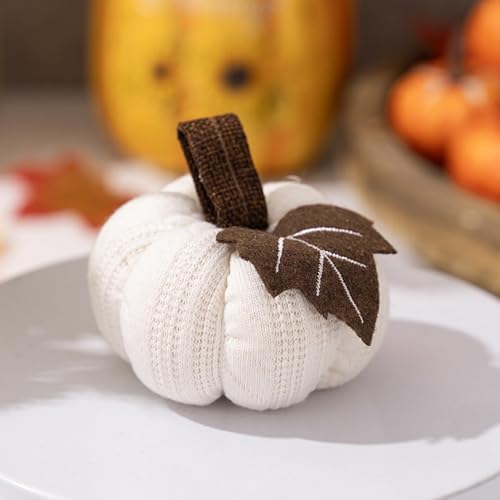 Kuriozud Faux Fall Harvest Crochet Pumpkins Small Knit Rustic Farmhouse Foam Pumpkins for Thanksgiving Halloween Autumn Mantel Table Decor (White, 9cm x 9cm x 6cm)
