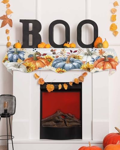 Fall Mantel Scarf for Fireplace, Orange Blue Pumpkin Sunflower Wood Grain Fireplace Cover Decorations Indoor Thanksgiving Mantel Top Scarf Runner for Seasonal Autumn Holiday Party, 17 x 90 Inch