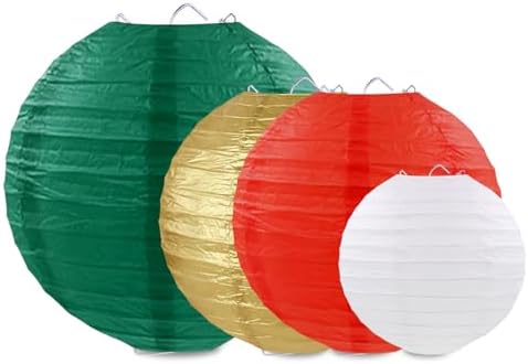Christmas Paper Lanterns Red Green White Gold Hanging Paper Lanterns for Birthday Wedding Festival Christmas Party Decorations (12 PCS)