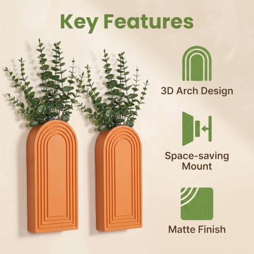 Dnnnii 2 Pack Wooden Wall Vase Set - Orange Finish Modern Farmhouse & Boho Wall Decor for Entryway, Hallway, Bathroom