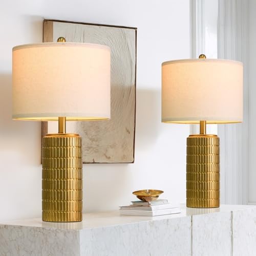 PoKat 23" Brass Gold Ceramic Table Lamps for Living Room, Retro Warm Gold Lamps for Night Stands, Vintage Bronze