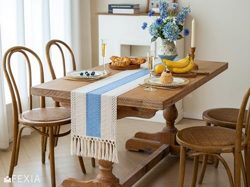 FEXIA Boho Table Runner for Home Decor 12x72 Light Blue Farmhouse Decor