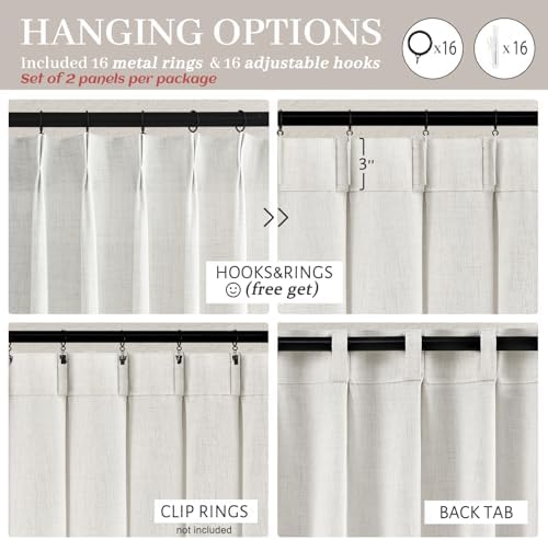 Beige White Pinch Pleated 92 Inch Curtains 2 Panel Set for Dining Room, Funky Neutral Thick Linen Sheer Ceiling Track