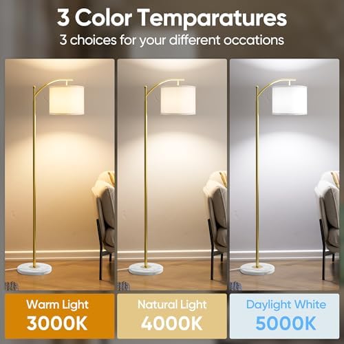 ROTTOGOON Gold Floor Lamp for Living Room with Marble Base, Modern Standing Lamp with 3 Color Temperatures Bulb &