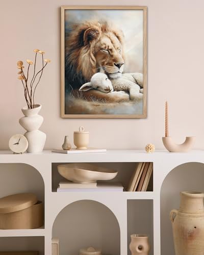 KensTro 12x16 Oak Framed Lion and Lamb Christian Wall Art