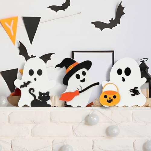 3 Pcs Halloween Decorations Indoor, Cute Ghost Halloween Tabletop Decor, Wooden Tiered Tray Decor, Black Cat, Bat, Witch Broom Signs for Party Home Shelf Display