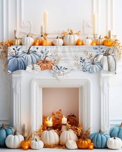 Fall Mantel Scarf for Fireplace, Blue Leaf Pumpkin Wood Grain Texture Fireplace Cover Decorations Indoor Thanksgiving Mantel Top Scarf Runner for Seasonal Autumn Holiday Party, 17 x 70 Inch