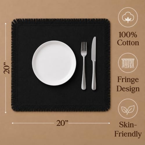 CLOUDLOOM 100% Cotton Fringe Cloth Napkins, Black, Set of 6, 20"x20"