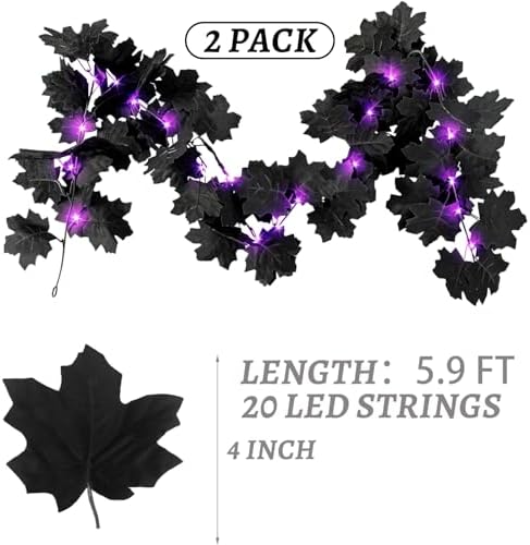 Halloween Black Leaf Garland with Purple Lights, 2 Pack