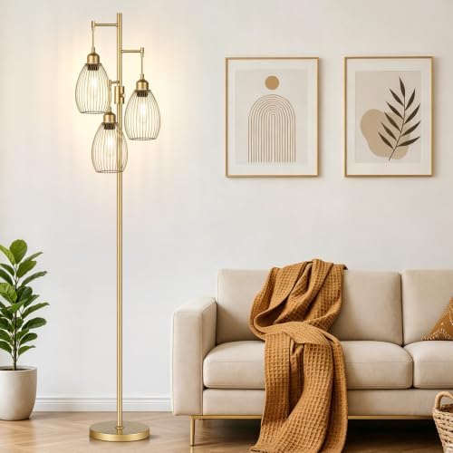 Dimmable Floor Lamp, 3 x 800LM LED Edison Bulbs Included, Farmhouse Industrial Floor Lamp Standing Tree Lamp with