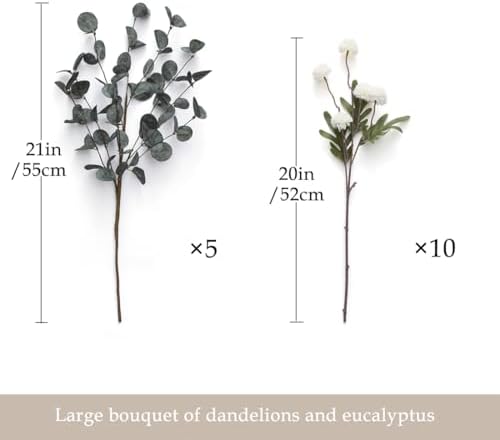 Laelfe 10 Kiku Artificial Flowers + 5 Large Eucalyptus Branches, Silk Fake White Flowers Pompon Mums (Ball Flower Stems) - Decor for Home, Centerpieces & Shower Arrangements(Vase not Included)