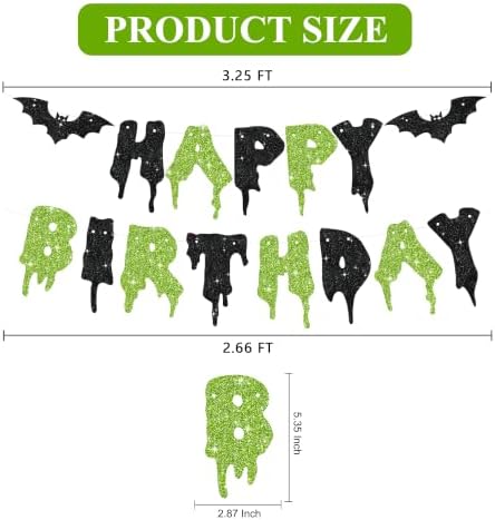 Glitter Happy Birthday Halloween Banner - NO DIY - Halloween Hanging Paper Garland Bunting Banner Decorations, Party Supplies for Kids Boy Girl Birthday Black Green
