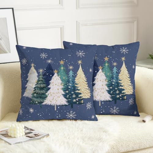 Blue Christmas Pillow Covers 20x20 Set of 2 Teal White Gold Xmas Tree Snowflakes Decorative Outdoor Throw Pillow Cases Winter Holiday Farmhouse Cushion Cover for Sofa Couch Patio