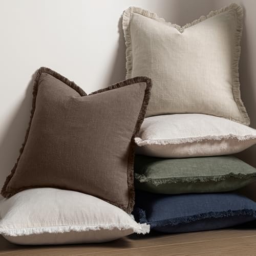 MIULEE Linen Fringe Decorative Fall Euro Pillow Covers Reddish Brown 24x24