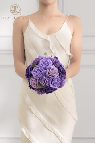 TINGE TIME 23pcs Artificial Wedding Flower Combo, Rose Pompon Mums Purple