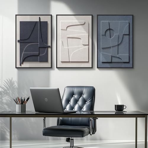 3D Textured Framed Blue and White Abstract Wall Art Set, 3 Piece, 16x24 In