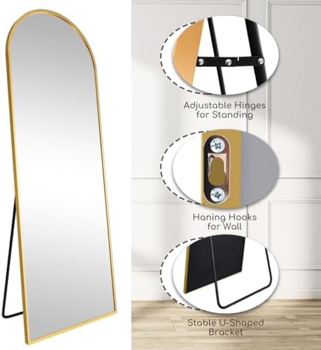 Prywot Arched Full Length Mirror, 76"x34" Free Standing Floor Mirror, Gold