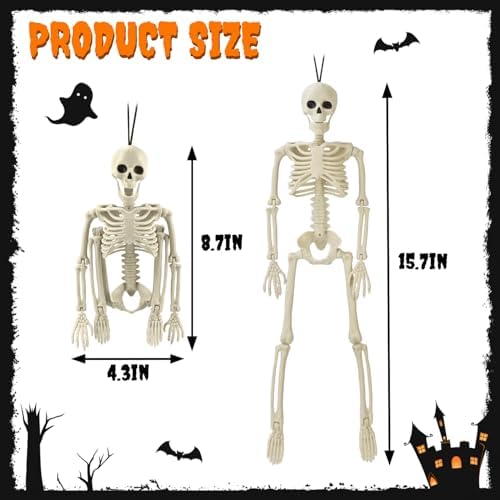 2 PCS 16" Halloween Posable Skeleton Decor, Scary Small Hanging Skull Props