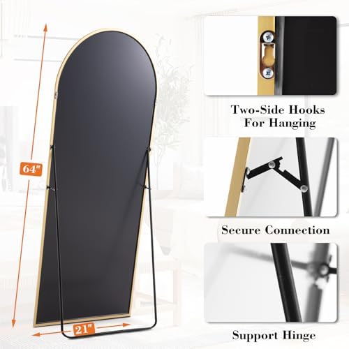 DUMOS 64"x21" Arched Full Length Floor Mirror, Full Body Mirror, Gold